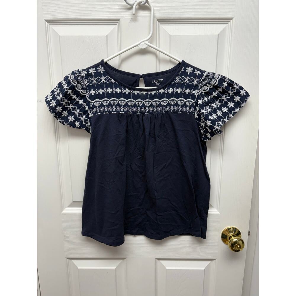 Loft Blouse Navy Blue White Embroidered Smocking Short Sleeves, Women's Size SP